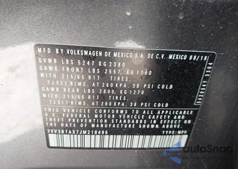 2018 Volkswagen Tiguan 2.0T Se/2.0T Sel z USA, uszkodzony, nr VIN 3VV3B7AX7JM218495